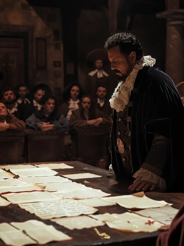 Gil Pérez standing before an inquisitor’s tribunal