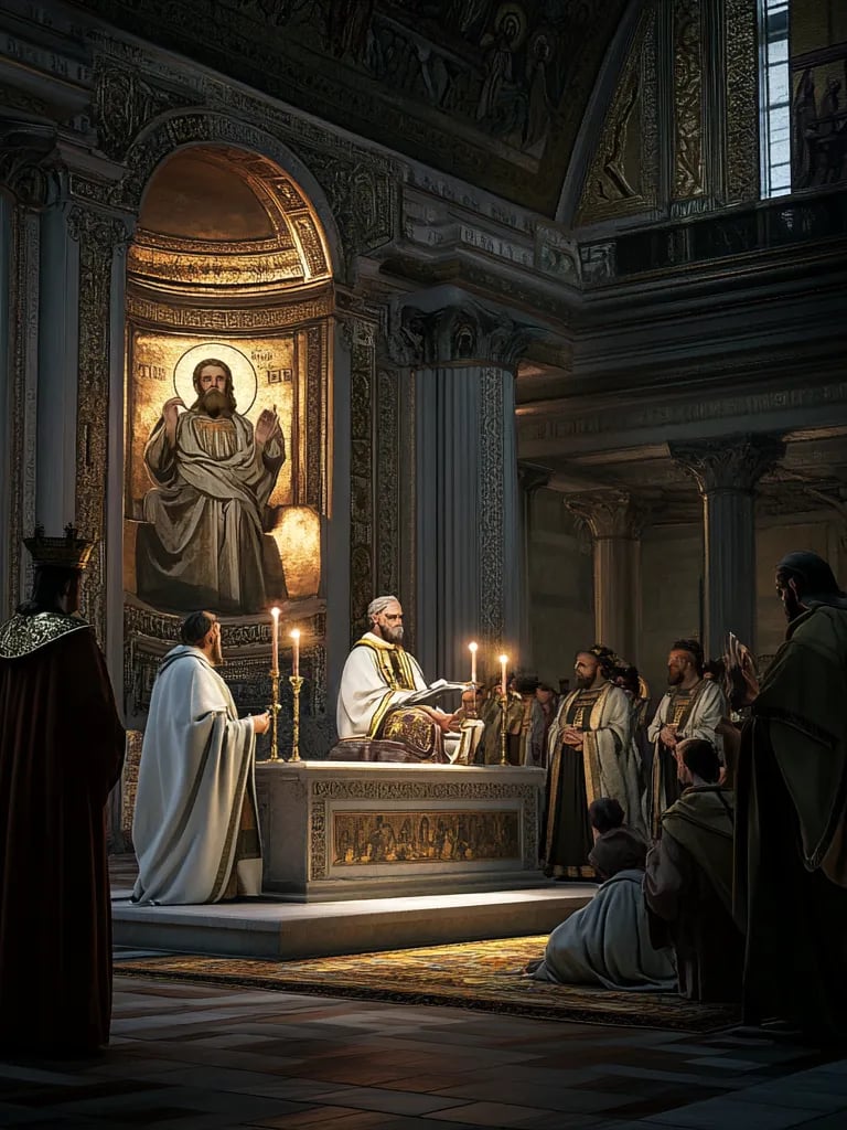 Theodosius receives blessing in Constantinople basilica, golden mosaics, prayer.