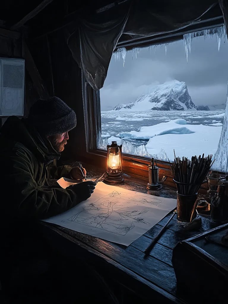Inside a candlelit cabin, Palmer sketching coastline outlines by oil lamp