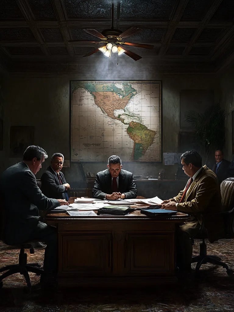 Interior of a dimly lit government office, Zelaya seated at a desk, hands clasped 