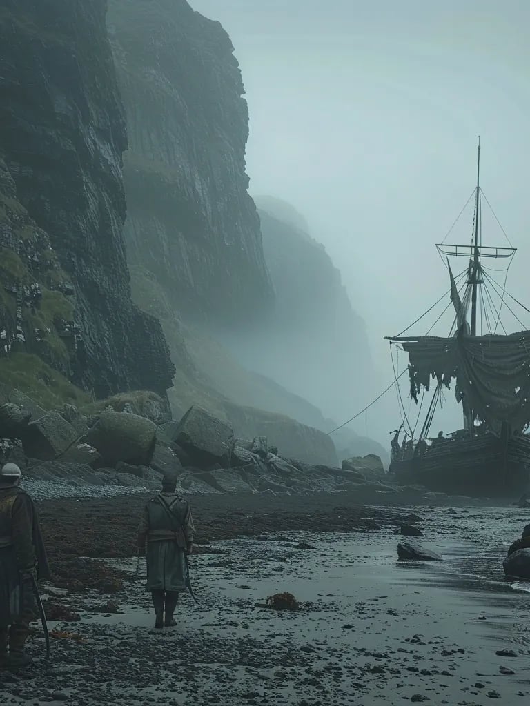 a lone, damaged Spanish vessel washing ashore on a desolate Irish beach