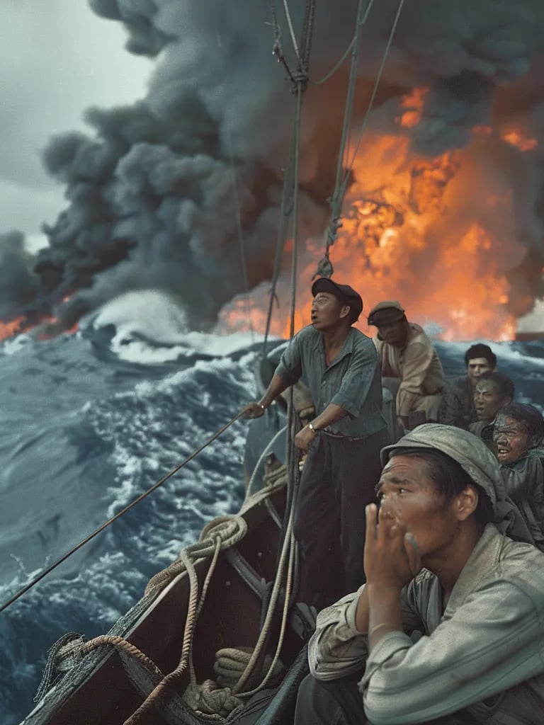 crew of fishermen looking up in shock as flaming wreckage from the spy plane splashes into the sea
