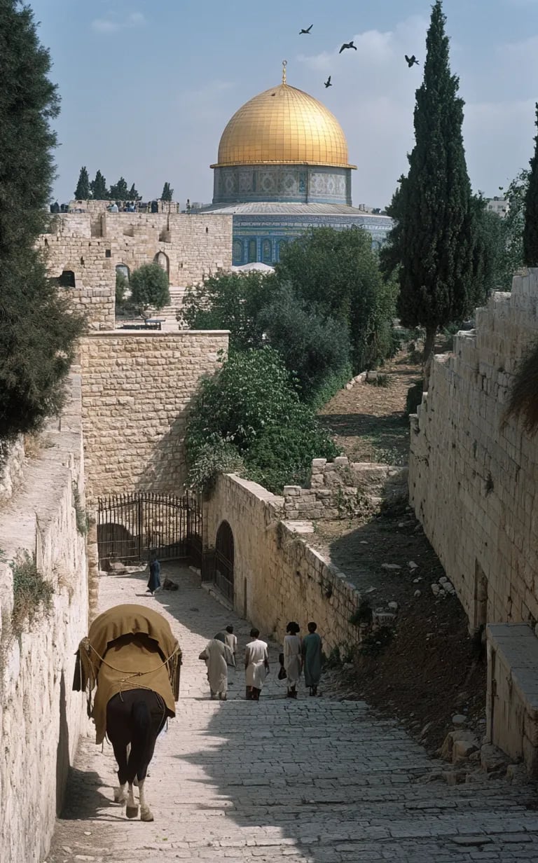 Late-day sun gilds the Dome of the Rock and olive-colored hills, Jerusalem, 1626