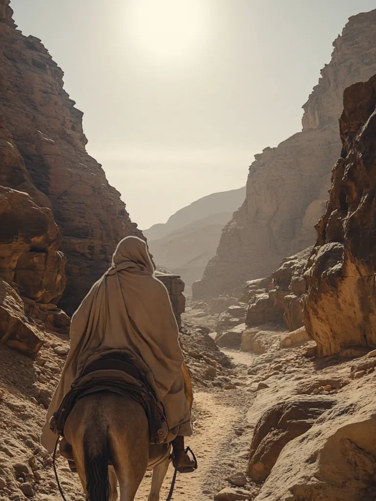 Willibald travels across the harsh Judean desert, sun glaring above, as he rides a mule