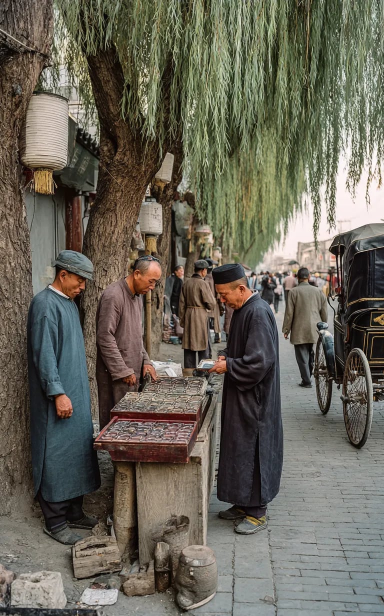 narrow Kaifeng alley, 1200, a street vendor in cotton tunic and wooden clogs displays smoke-quartz s