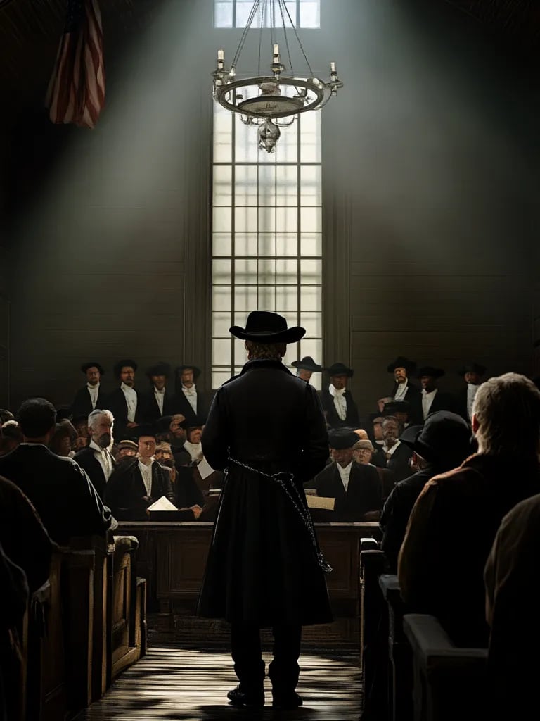 Kentucky Courthouse, 1851 – Mid-range shot of Fairbank standing in a dimly lit courtroom