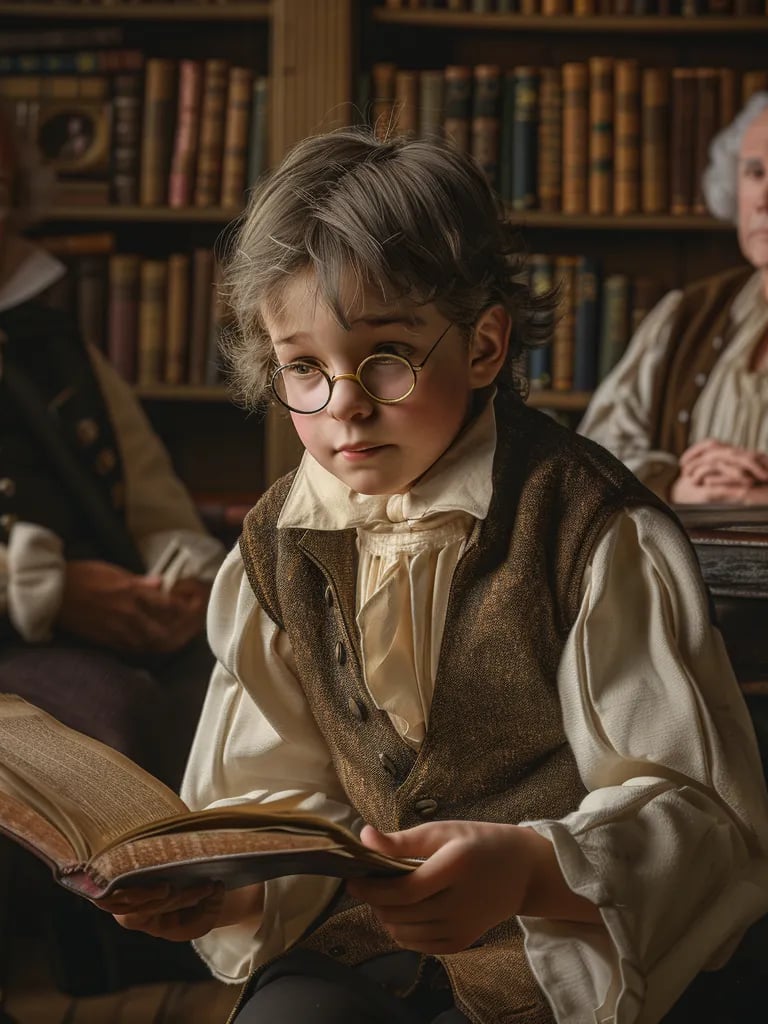 young boy in a colonial vest and breeches eagerly flipping through the pages of a borrowed book