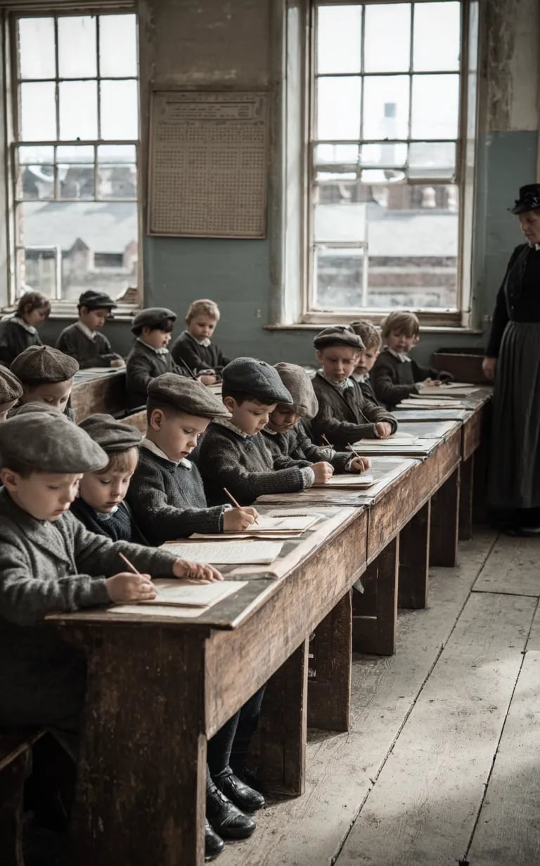 Liverpool classroom early 1871, rows of wooden desks and slate boards fill a bright room