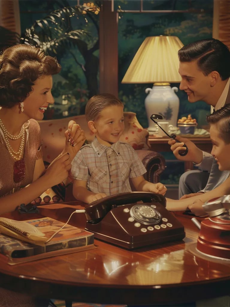 Living Room, 1951 – Mid-range shot of a family gathered around a mid-century coffee table