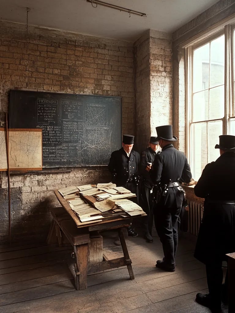 modest interior of an early London police station in 1829, with brick walls and wooden desks.