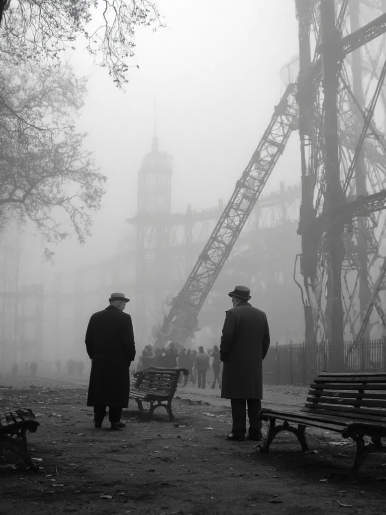 gray dawn over smoldering ruins of Crystal Palace: skeletal iron beams jut against a pale sky