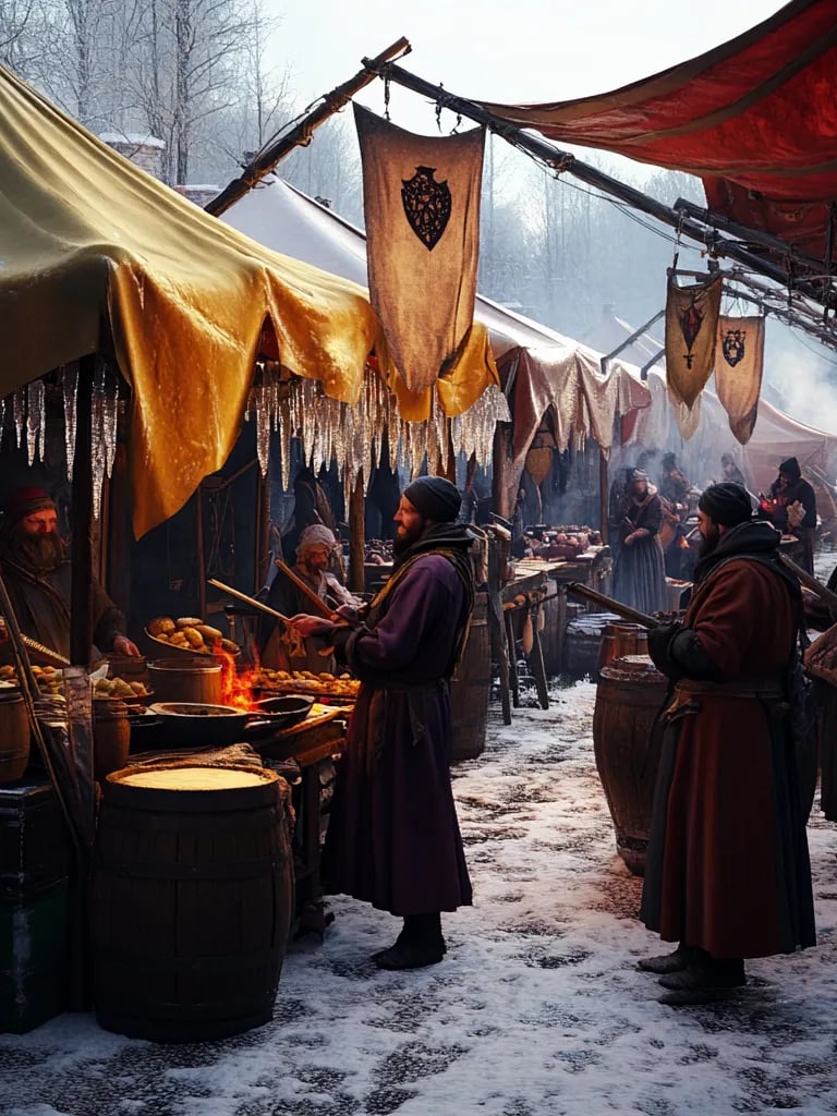 frost fair on River Thames, market tents, music, winter sunlight.