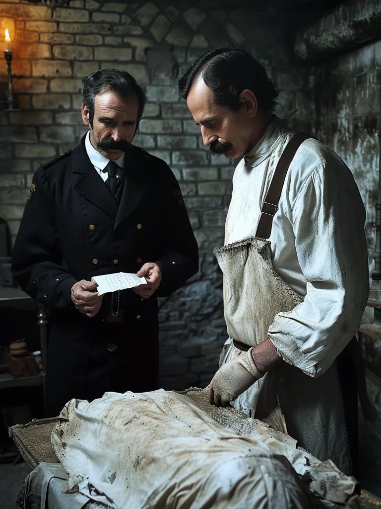 Victorian-era coroner  examining a dismembered body under candlelight.