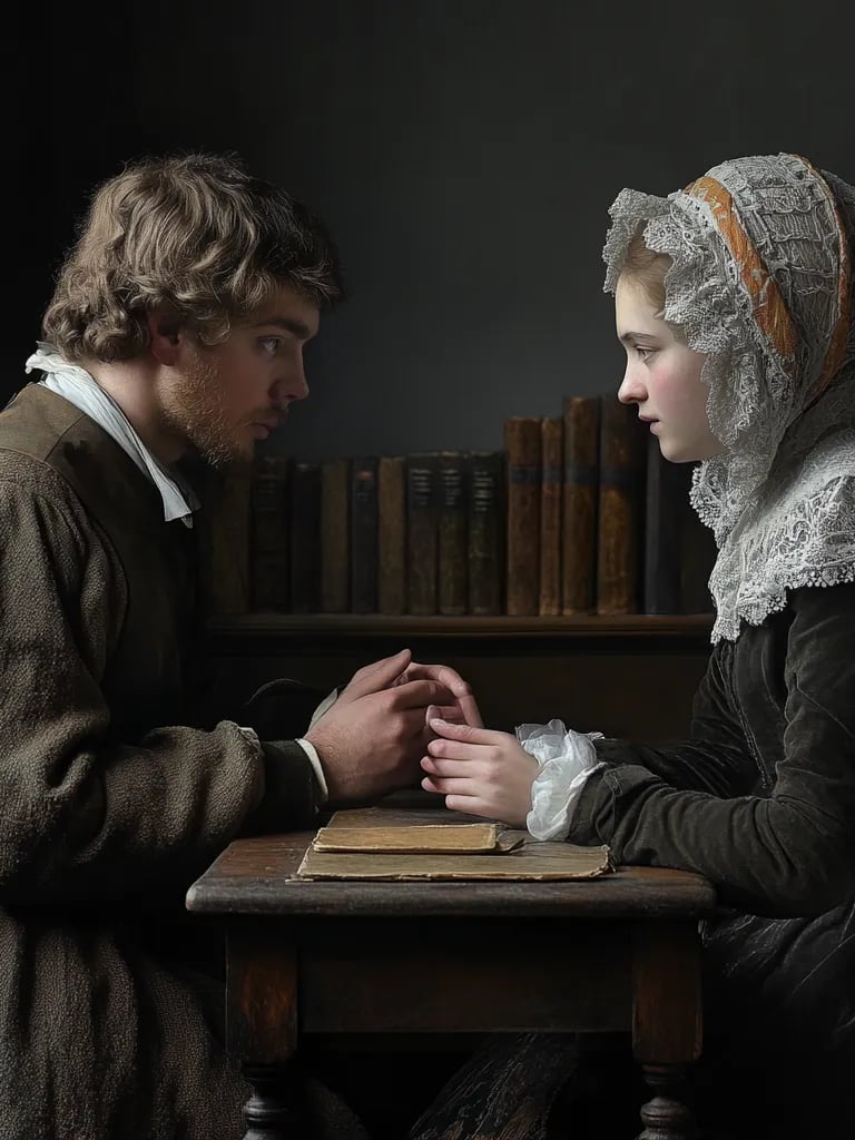 a quiet meeting room in 1650 where potential marriage candidates, a young man in a woolen doublet an