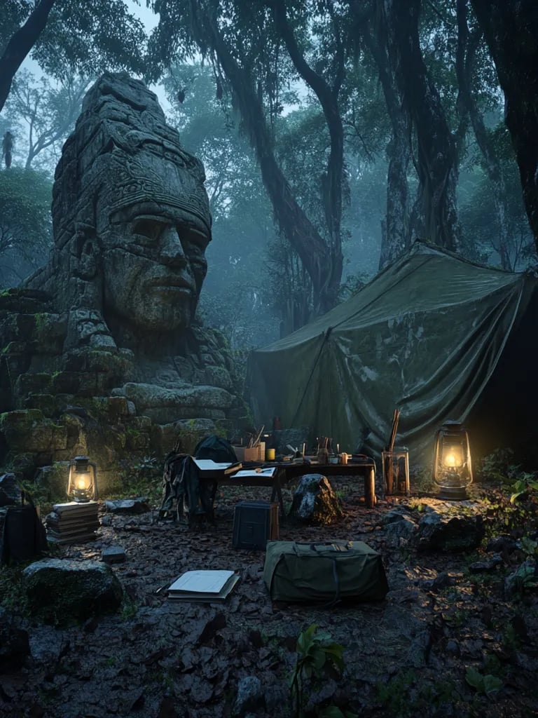 makeshift camp near the ruins, Catherwood detailing large architectural drawings by lamplight