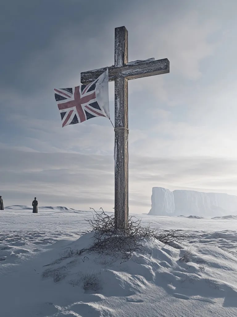 makeshift wooden cross erected over Scott’s final resting place, British flags flapping