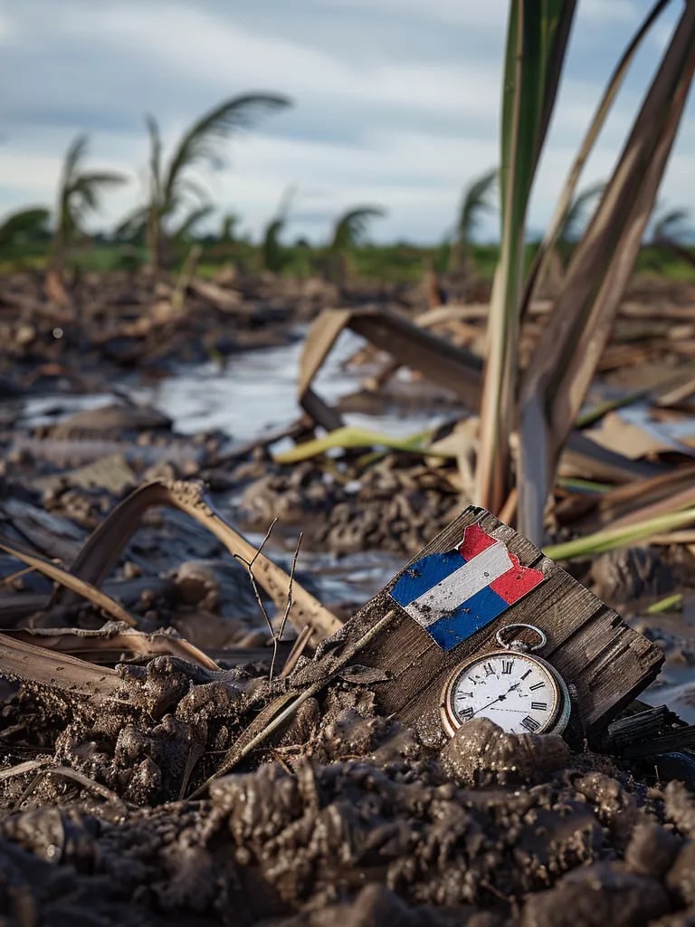 shattered oak table amidst flattened sugarcane fields, a French flag tangled in storm debris