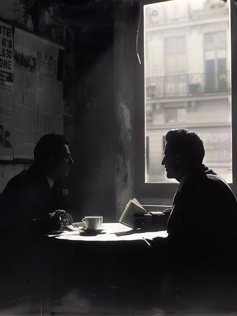 two shadowy figures in an upscale Italian café, whispering over an espresso