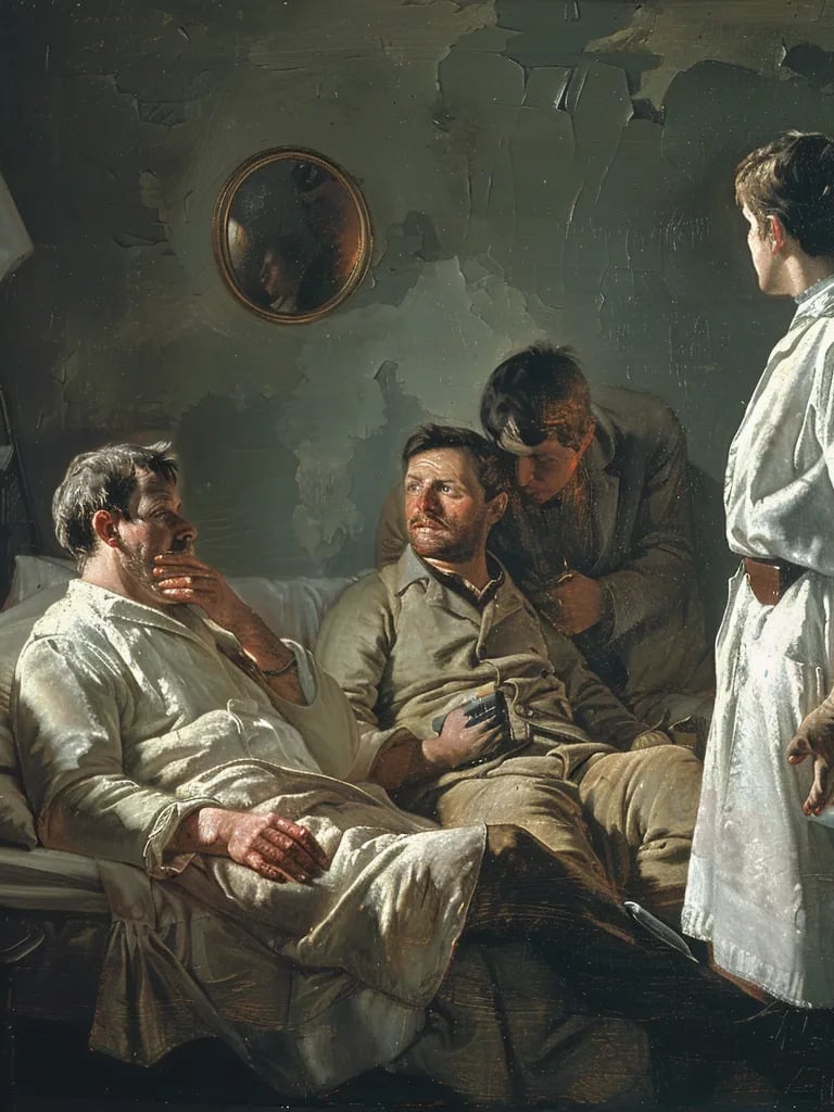 soldier with his newly reconstructed nose, sitting upright in bed