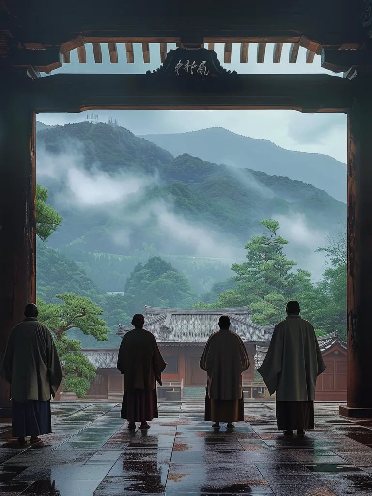 Nichiren standing before a gathering of monks, holding the completed Dai-Gohonzon aloft