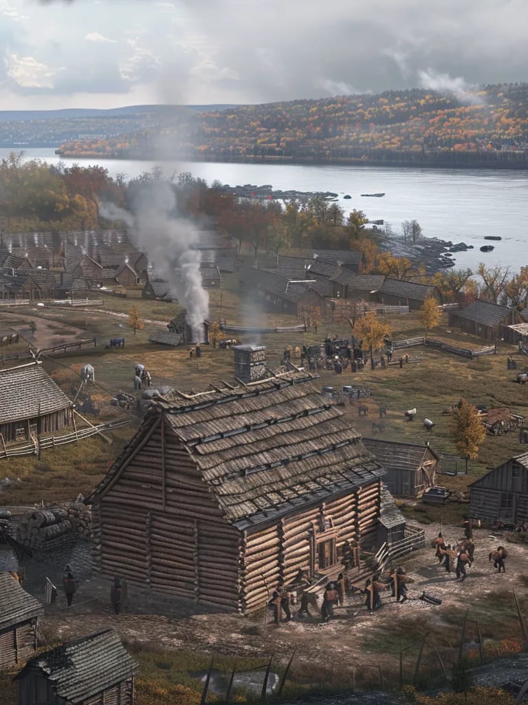 the completed Hôtel-Dieu surrounded by settlers and indigenous allies