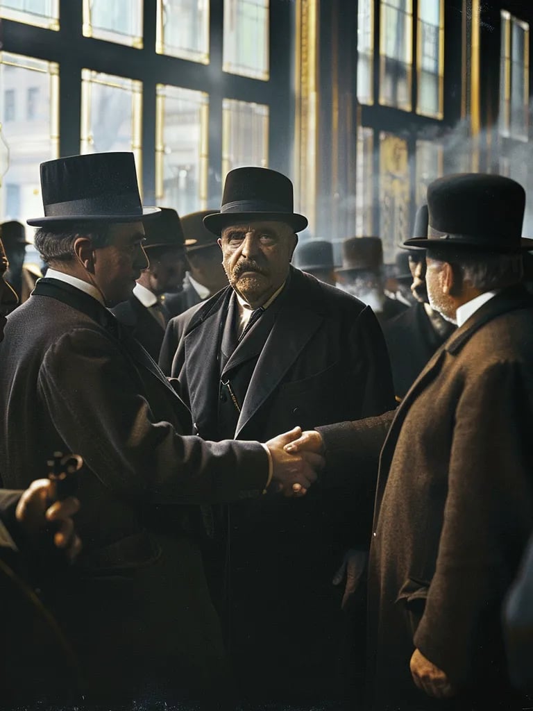 exhausted bankers shaking hands as the crisis is resolved