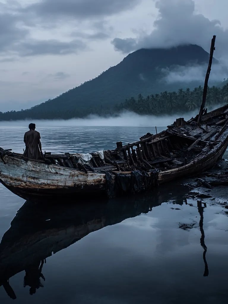 Morning light revealing wreckage of charred planks and scorched sails floating across