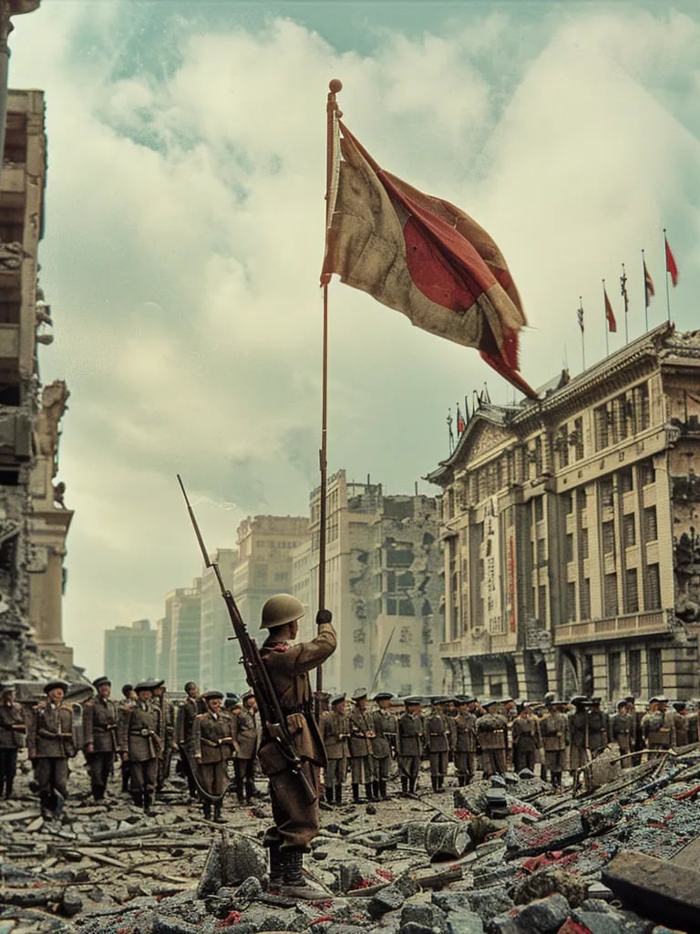Nanjing Road, Shanghai, 1937 – Mid-range shot of a Japanese officer raising his flag