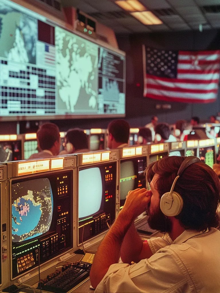 NASA engineers leaning over their monitors, watching a live feed of Sullivan’s spacewalk