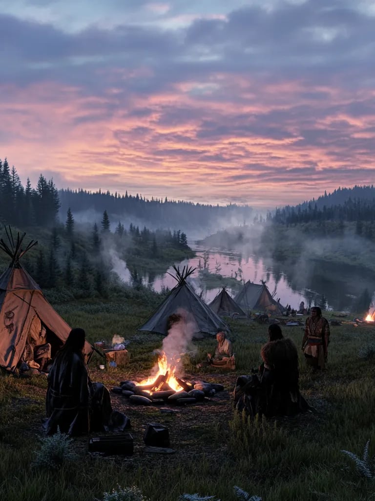 Native camp at twilight, tents and fire pits being packed up, families preparing to return