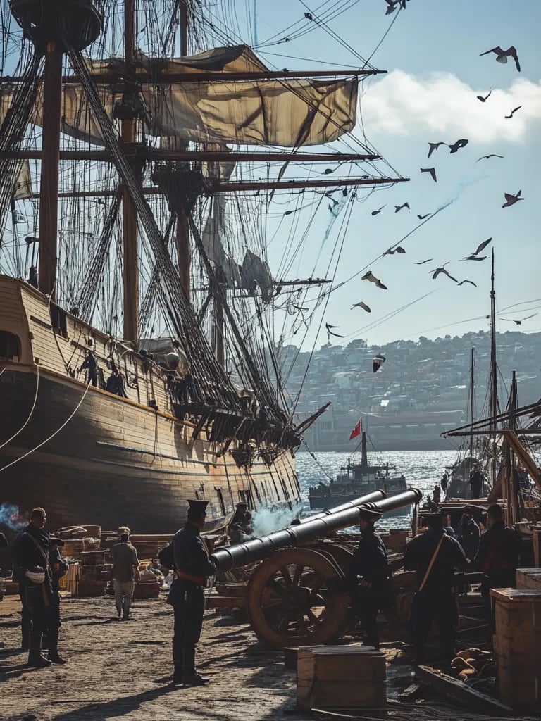 Naval Clash Preparation: Chilean sailors load cannons onto a wooden frigate docked at Valparaiso’s 