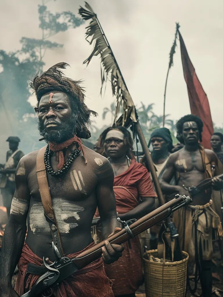 Maroon warriors standing guard with flintlock muskets and machetes