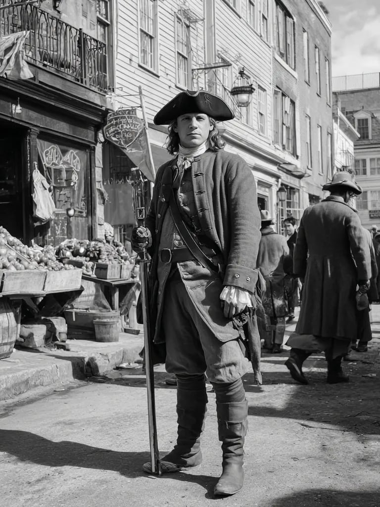 uniformed officer directs a carriage through a bustling market of fruit stalls and tavern signs