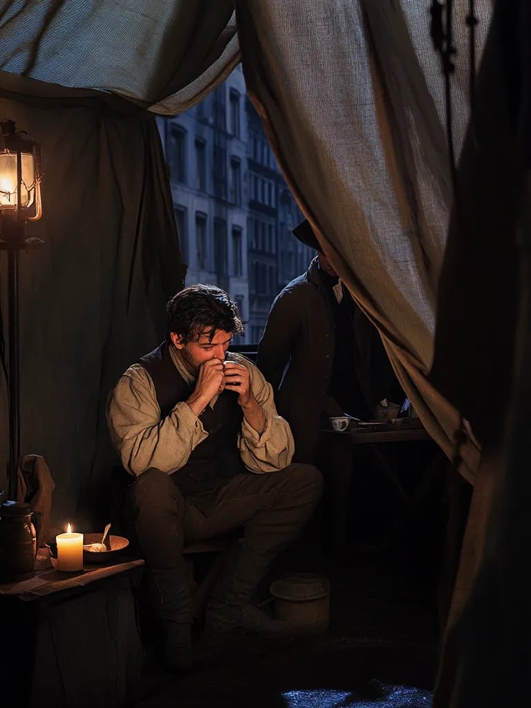 Sword swallower rests backstage after 1817 New York performance.