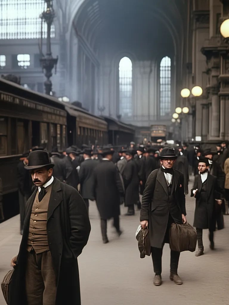 November 1910 Manhattan, travelers hustle to board electric-lighted platforms