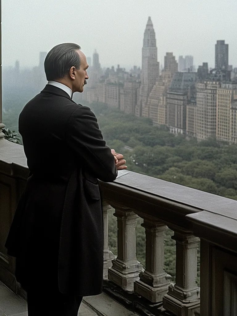 Rockefeller standing on the balcony of his mansion in 1916, overlooking Central Park. He stands with