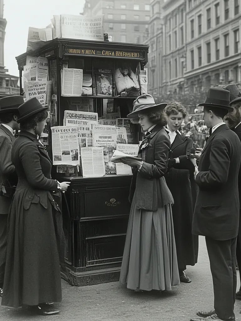 New York street corner with a newspaper stand in 1904. People in formal suits and wide hats gather, 