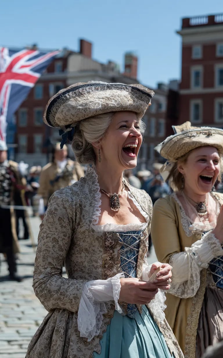 triumphant woman in an embroidered riding habit and tricorn hat holds aloft a parchment declaring pr