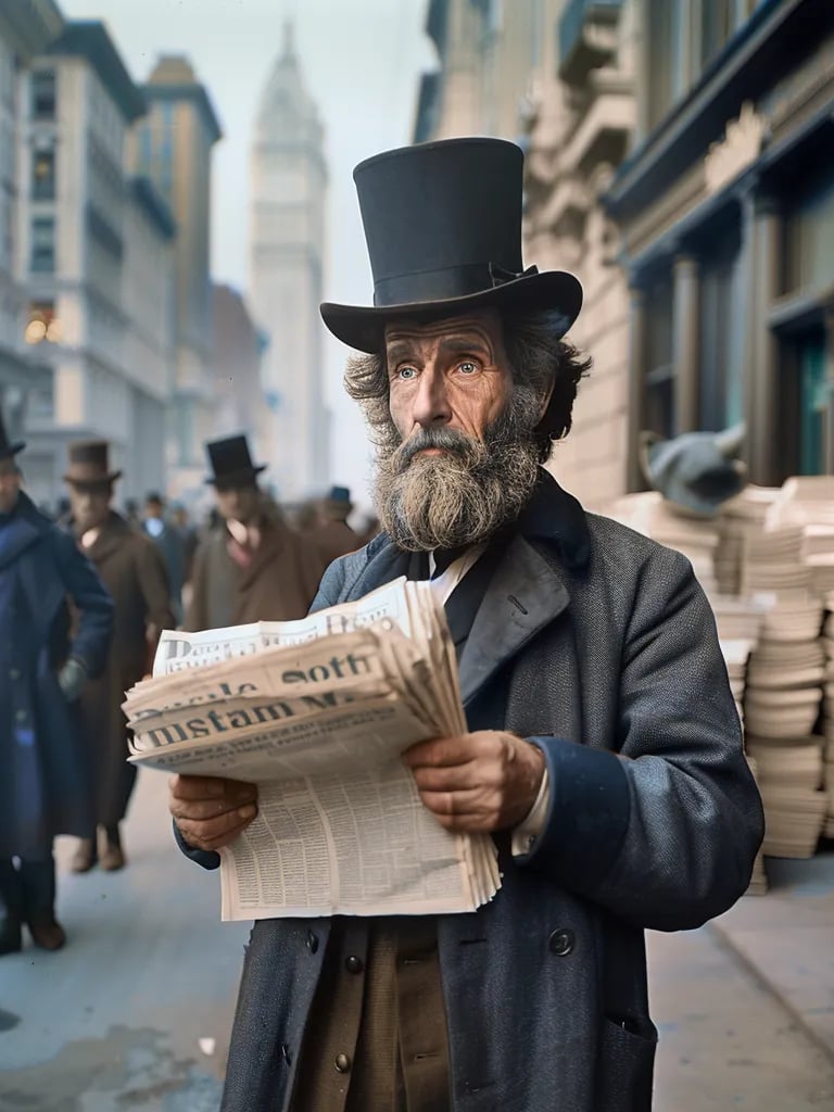 an editor holding a freshly printed newspaper announcing the completion of the telegraph line