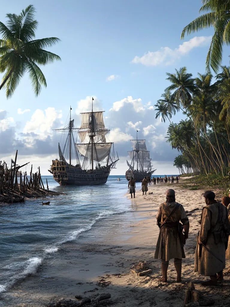 northern shoreline of Cuba, 1519, Spanish ships anchored in calm blue waters