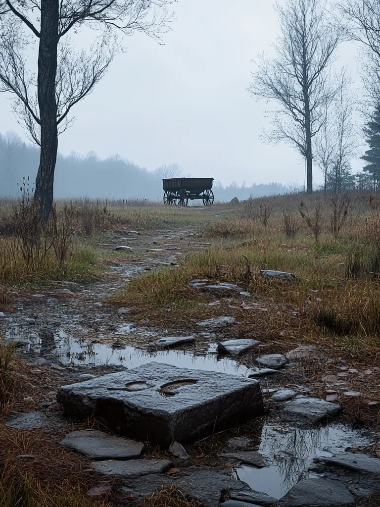once-inhabited farmland lying quiet, cracked hearthstones, broken pottery shards near collapsed dwel