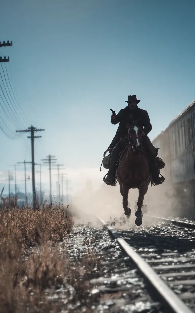 Jesse James gallops alongside the moving train, his black coat flapping