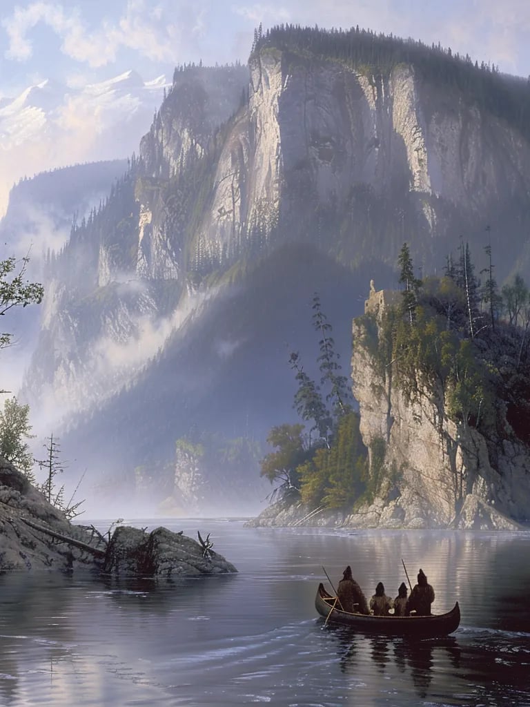 ur trappers navigating a canoe down the Columbia River, now divided by the U.S.-Canada borderb