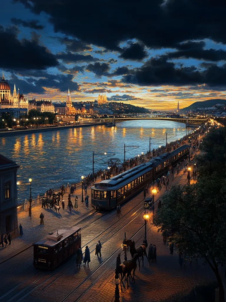 panoramic view of the Danube at sunset, rooftops of Buda and Pest glowing orange and gold