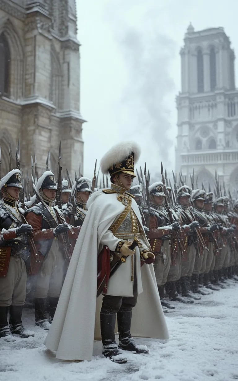 Paris, 1804, afternoon outside Notre-Dame: the new emperor emerges beneath Gothic portals