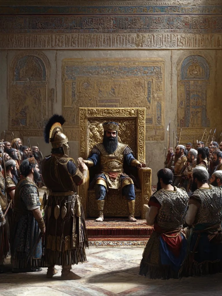 Darius I, now seated on a grand golden throne, addresses his advisors and military commanders.