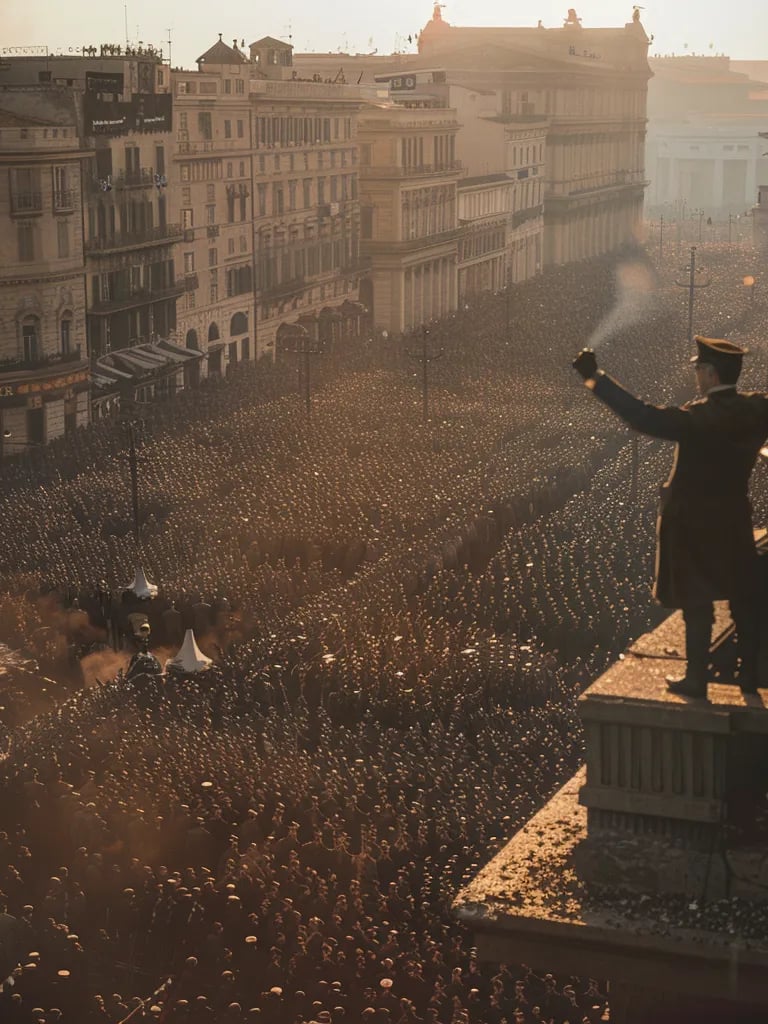 Mussolini standing on a balcony, addressing a massive crowd of Blackshirt supporters