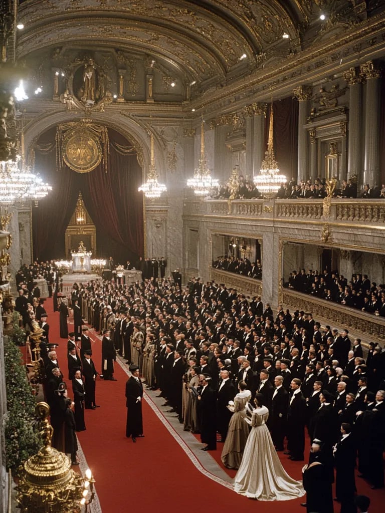 Stockholm’s Grand Hall in 1901, laureates in formal evening attire ascend a red carpeted dais