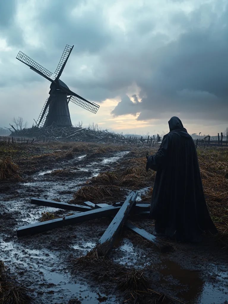 quiet aftermath in flattened farmland, broken fence posts poking from muddy fields