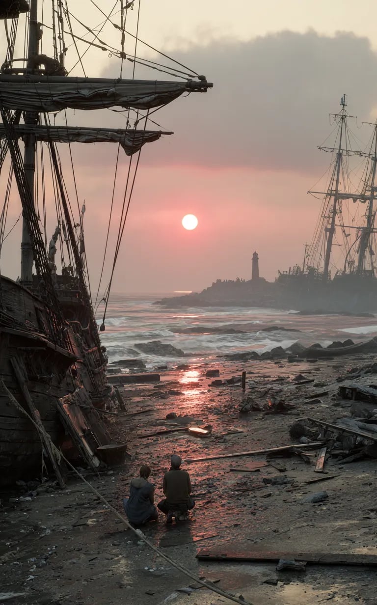 battered vessels drift near a rocky shoreline